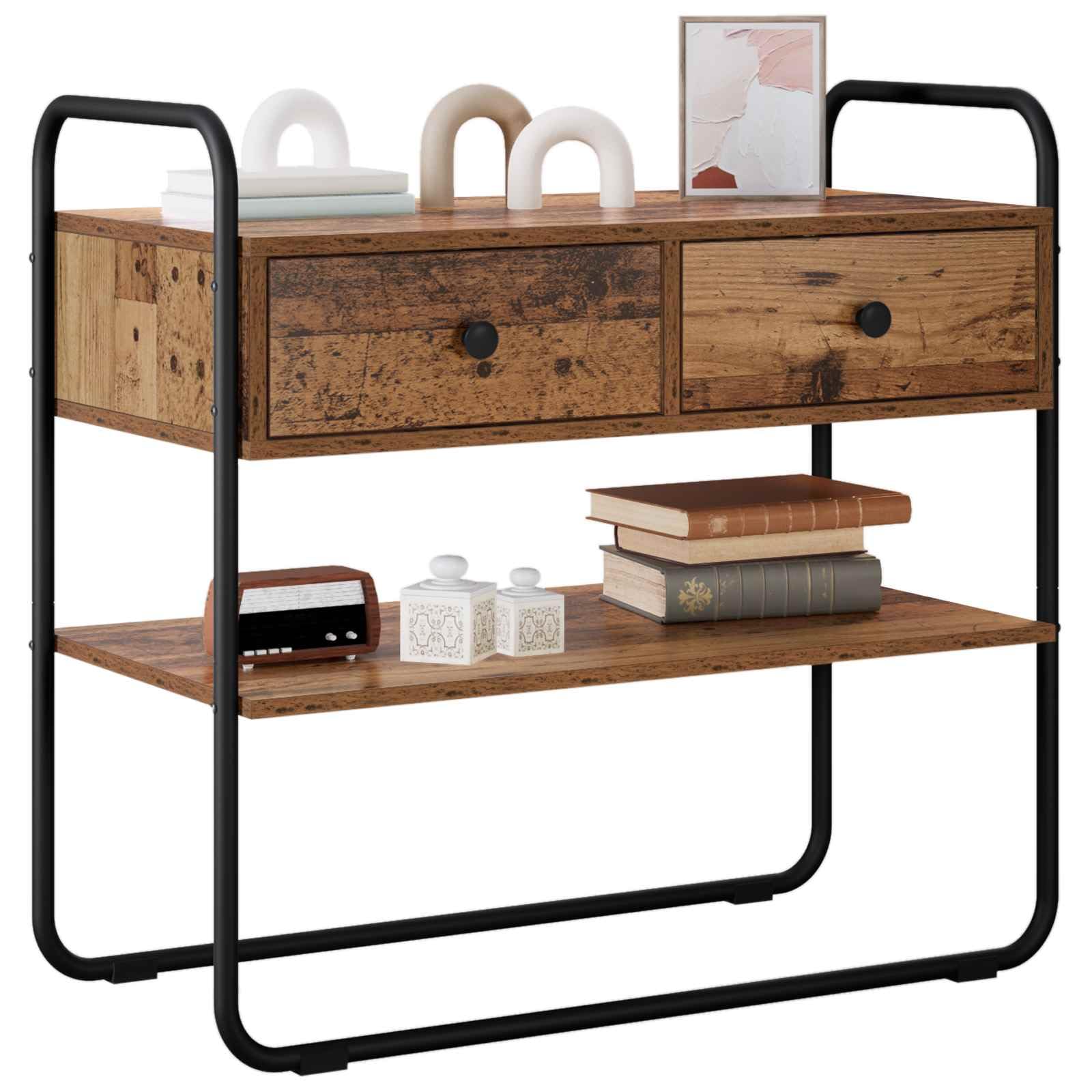 Stolik konsolowy z drewna starego drewna 100 x 40 x 75 cm, materiał drewnopochodny z półką i szufladami, stabilny stelaż z ocynkowanej stali, idealny jako stół do korytarza, stolik ścienny
