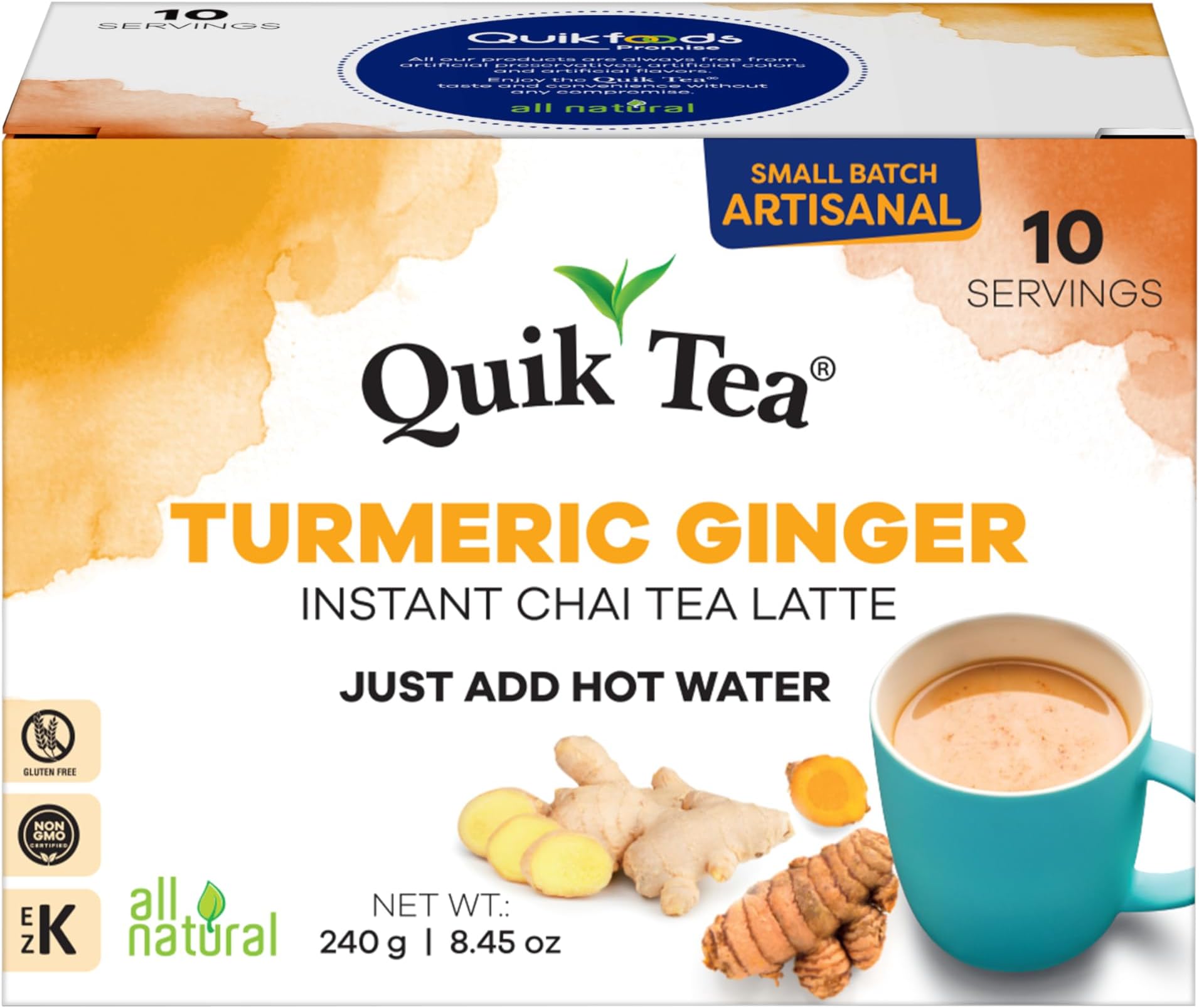 QuikTea Instant Turmeric Ginger Chai Tea Latte – 10 Count, earthy turmeric glow with zesty ginger warmth, low Caffeine, No artificial colors, flavors or preservatives – Just Add Hot Water, Kosher