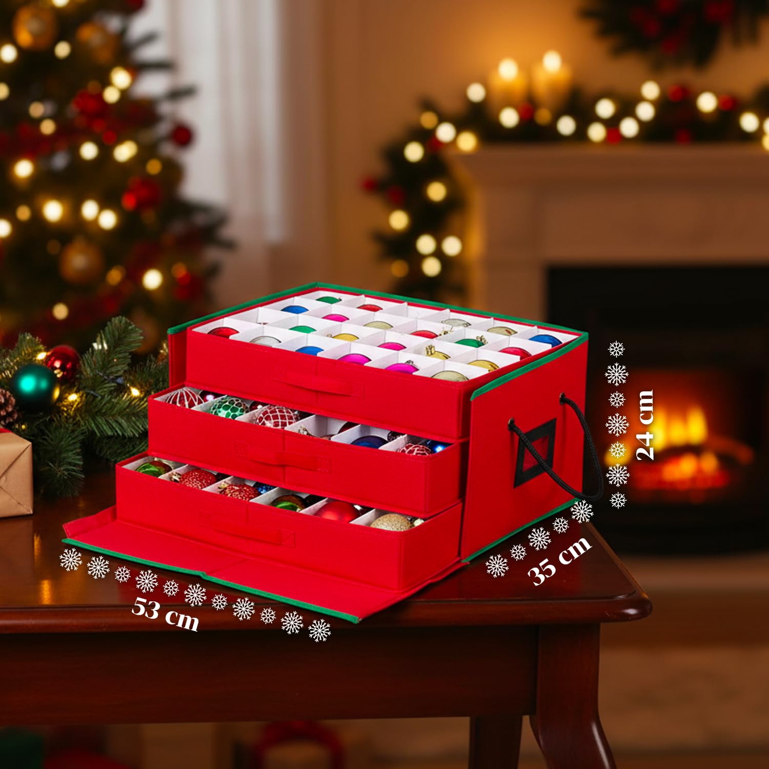 Avilia – Scatola Porta Addobbi di Natale con 3 Cassetti Estraibili per 72 Palline di Natale, Struttura Rigida in TNT 51x35x24 cm, Zip Robusta e Etichetta Trasparente per Conservazione Ordinata