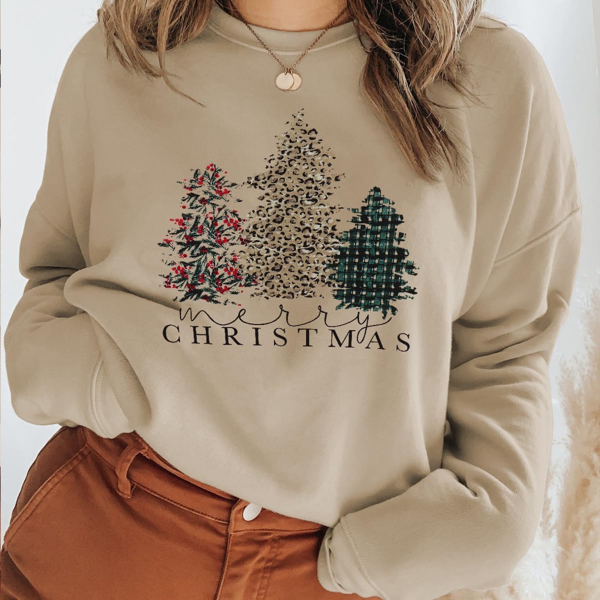 IZYJOY Merry Christmas Sweatshirt for Women Xmas Tree Graphic Long Sleeve Pullover Crewneck Oversized Lightweight Holiday Top - Image 5