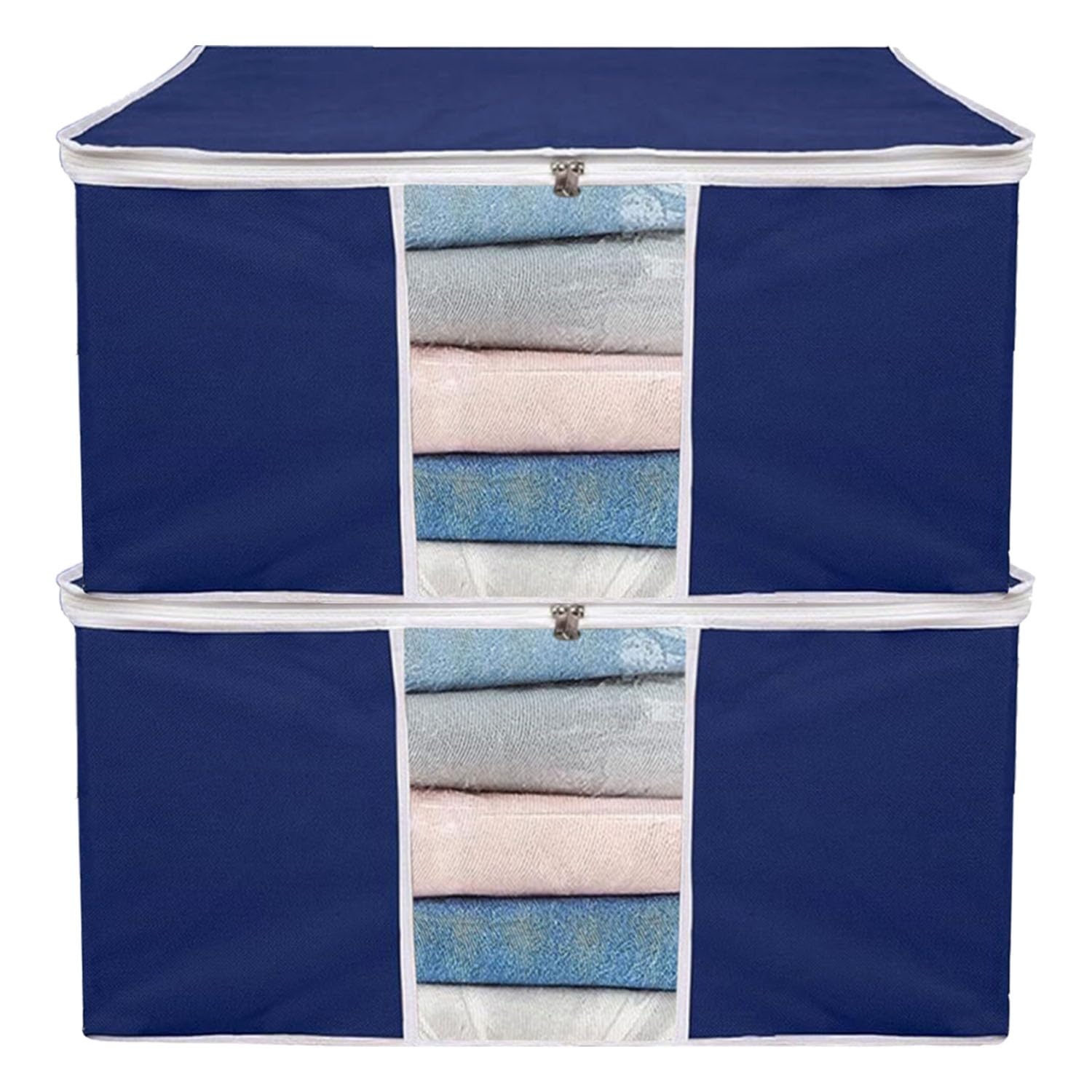 Saree Bag Non Woven Clothes Storage Organizer Saree Cover With Zip Solid Garments Covers With Transparent Window Cloth Packing Organnser Pack of 2 (Blue) (B0CY2KMF6J) Amazon Price History, Amazon Price Tracker