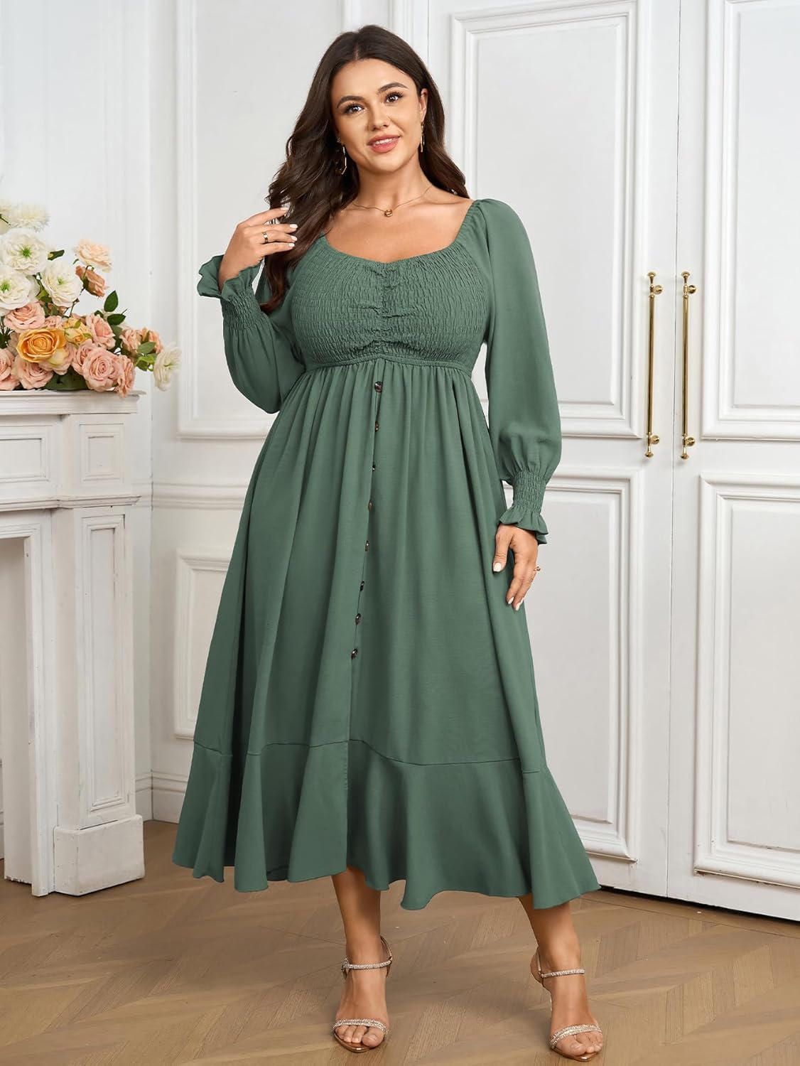 Plus Size Smocked Casual Maxi Dress for Curvy Women Long Sleeve Sweetheart Neckline Fall Dresses Button Down - Image 5