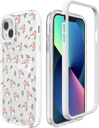 ZCDAYE Case for iPhone 13,Flower Pattern Clear Case with Card Holder Support Wireless Charging,Transparent Soft TPU Shockproof Phone Case for iPhone 136.1 inch,White