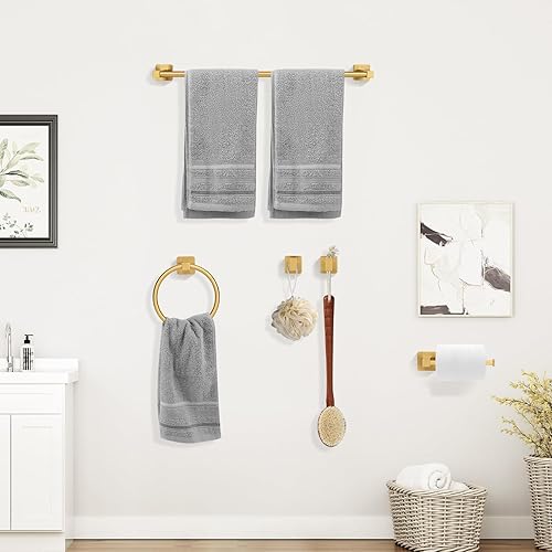 Miniatura 6 de Juego de 5 accesorios de baño de oro cepillado, juego de barra de toalla de mano de acero inoxidable de 23.6 pulgadas, soporte de papel higiénico,