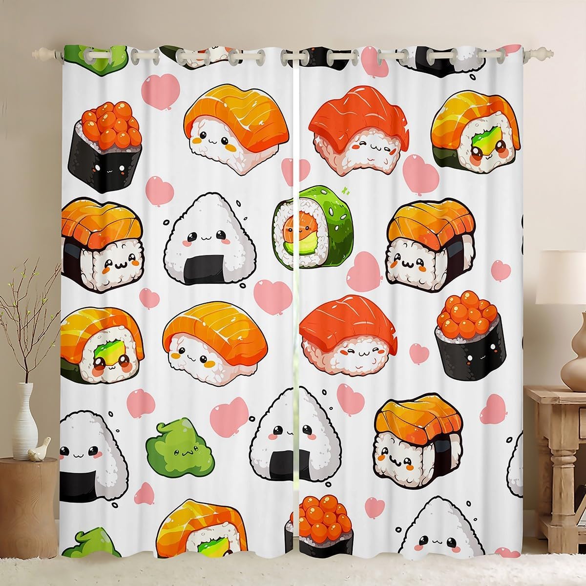 Feelyou Kids Cute Sushi Curtains for Bedroom Japanese Style Kawaii Decor Curtains for Bedroom Lovely Sushi Pink Heart Window Drapes Cartoon Window Treatments Decor (2 Panels， 38 x 45 Inch)