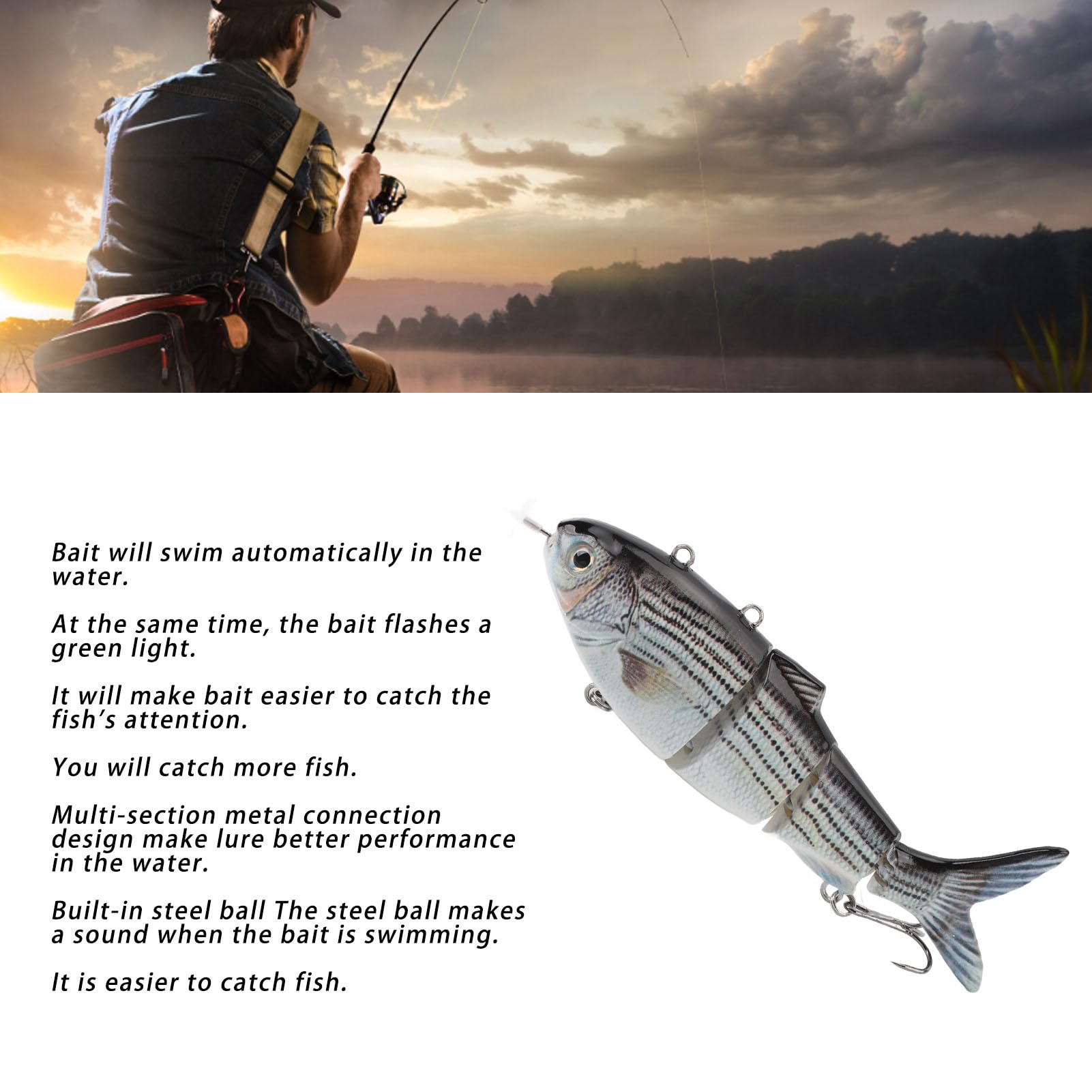 Esca da Pesca, Esca da Pesca Elettrica Ricaricabile Tramite USB Nuoto Automatico Esca per Spigola Realistica Luce a LED Wobbler Multi Snodato Swimbaits Esca D'acqua Dolce (BL-620)
