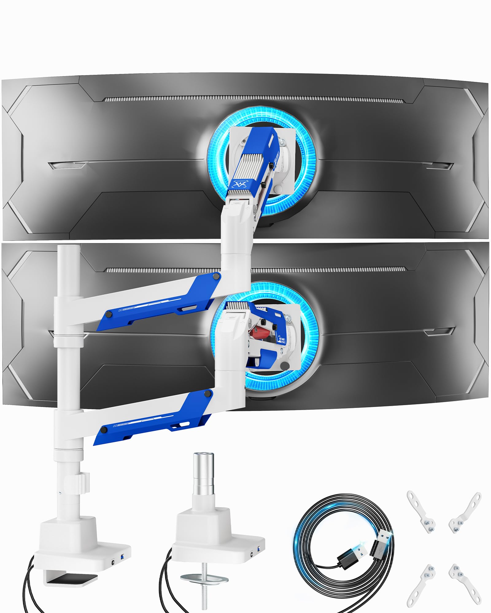 ARES WING Dual Monitor Mount, Adjustable Stacked Monitor Stand with USB A/C, Heavy Duty Gas Spring Monitor Desk Stand for 2 Monitors for 24-57 Inch