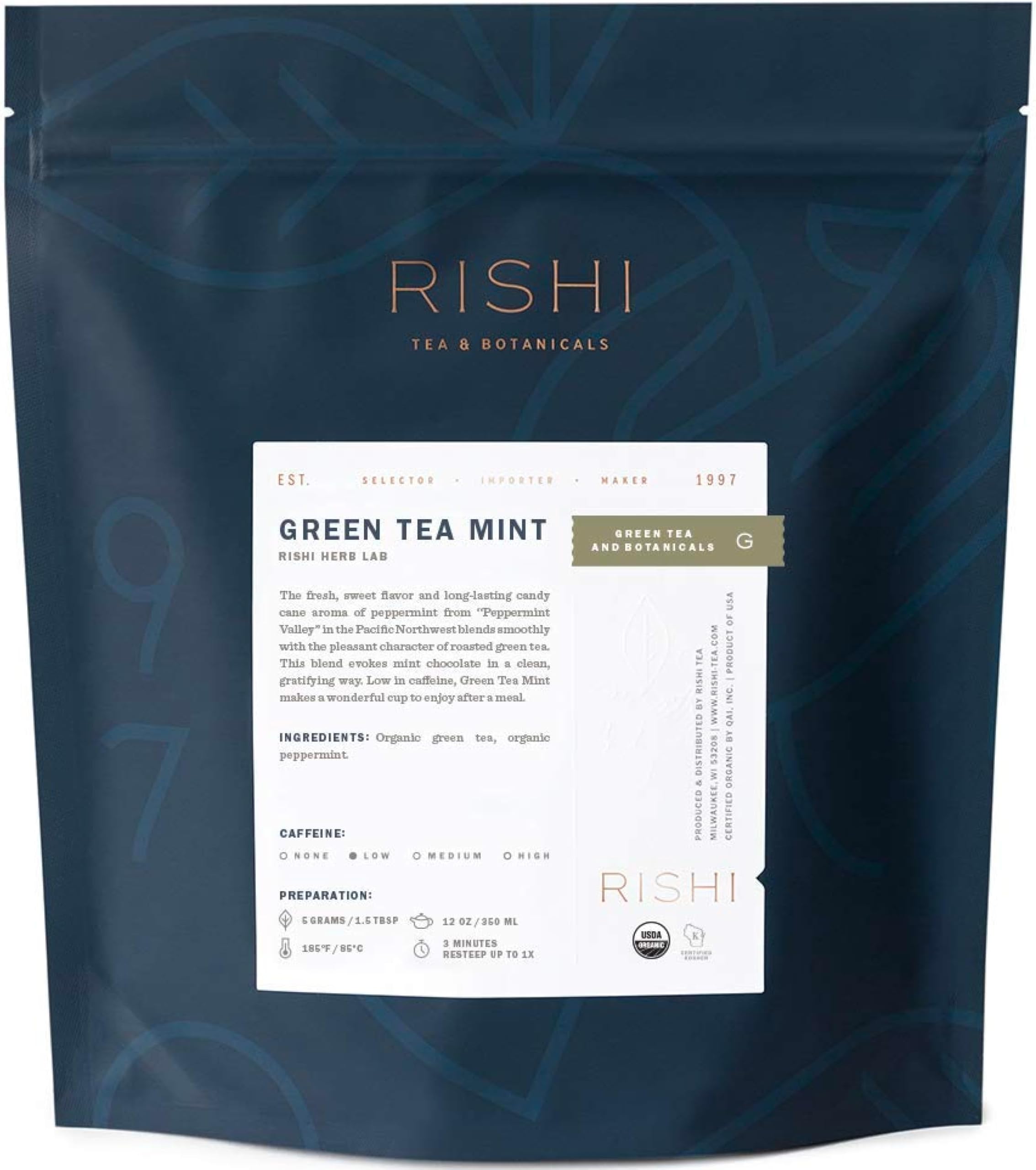 Rishi Tea Green Tea Mint - Organic, Low Caffeine Loose Leaf Tea with Houjicha Roasted Japanese Green Tea & Peppermint Tea - 16 Ounces, 90+ Servings
