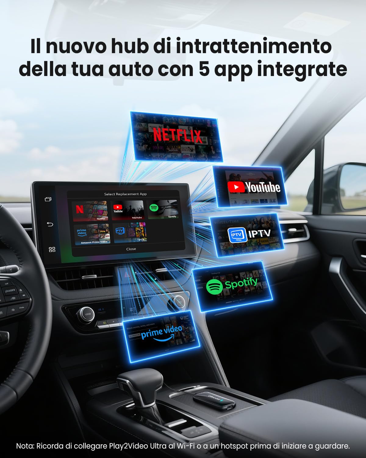 OTTOCAST Play2Video Ultra, 3 in 1 AI Box per Netflix/YouTube/Prime Video, Adattatore CarPlay Wireless e Android Auto con Chiavetta USB, Wi-Fi Dual Band, Bluetooth 5.4, 4GB+32GB, Plug & Play