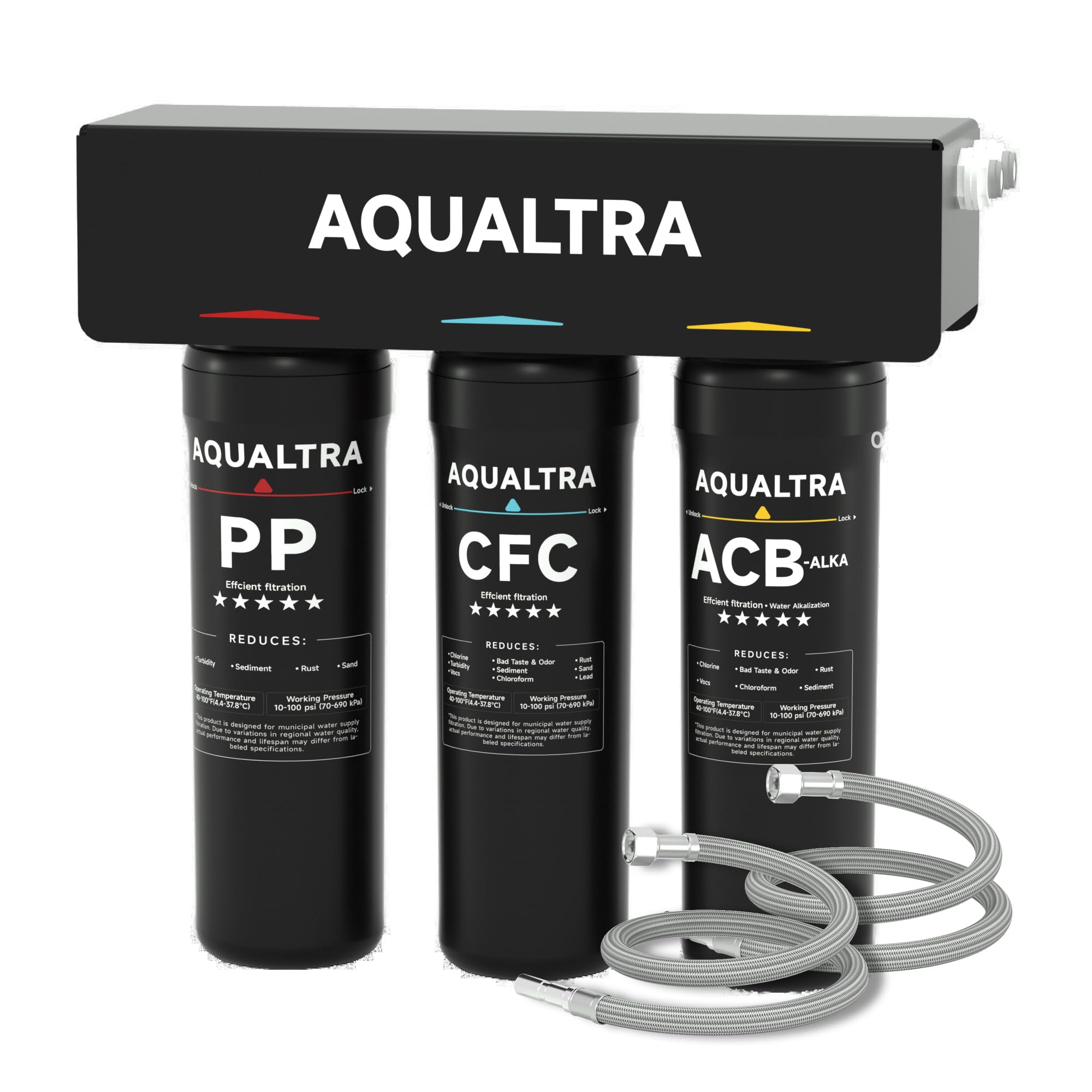 AQUALTRA USF-3B-10 Slightly Alkaline Under Sink Water Filter, SGS Certified, Reduce PFOA, PFOS, Chlorine, Lead, Mercury, Chloramine, Fluoride, Microplastics Particles, Bad Taste & Odor