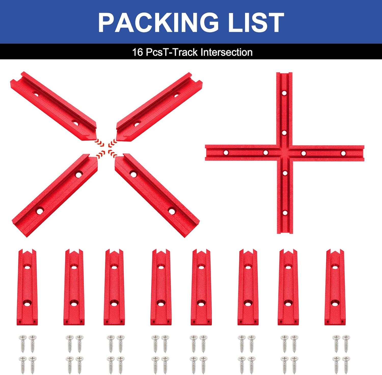 16PcsT-Track Intersection for Woodworking with Screws,Double-Cut Jig Profile Universal T-Tracks Red