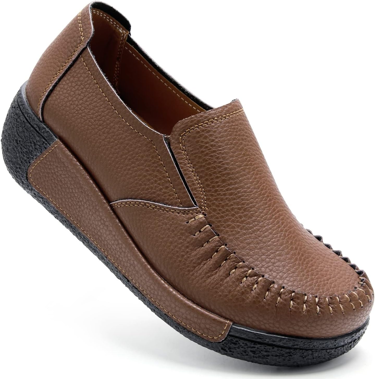Penny Loafers for Women Slip On Platform Chunky Shoes Ladies Genuine Leather Arch Support Non-Slip Comfort Soft Casual Dress Shoes Brown US 8.5