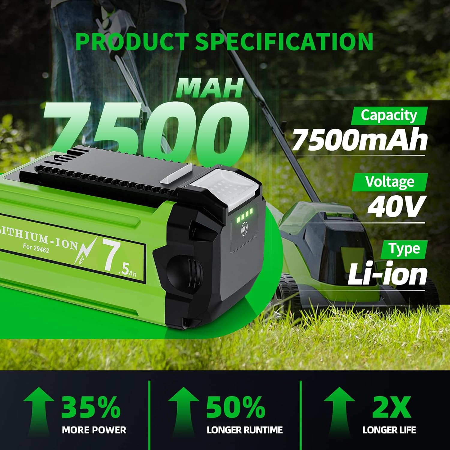 2Pack 40V Replacement for Greenworks 40V Battery, Li-ion 7500mAh Compatible with Greenworks 40V Battery 29462 29472 29252 20202 22262 25322 G-MAX 40 Volt Cordless Power Tools