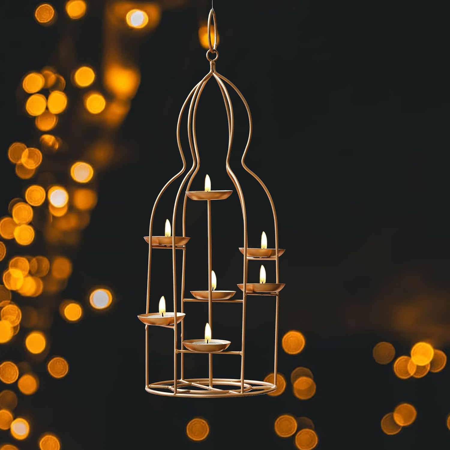 Webelkart Premium Decorative Diya Stand Candle Holder with 7 Tiers, Metal Golden Finish, Diwali Festival Decoration Item Urli Bowl Candle Holder (15" Inches)