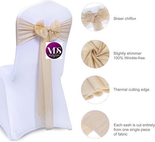 Miniatura 3 de VDS Paquete de 50, color champán, bandas de gasa transparente para silla, lazos para la parte trasera de la silla, cinta para boda, cumpleaños, baby