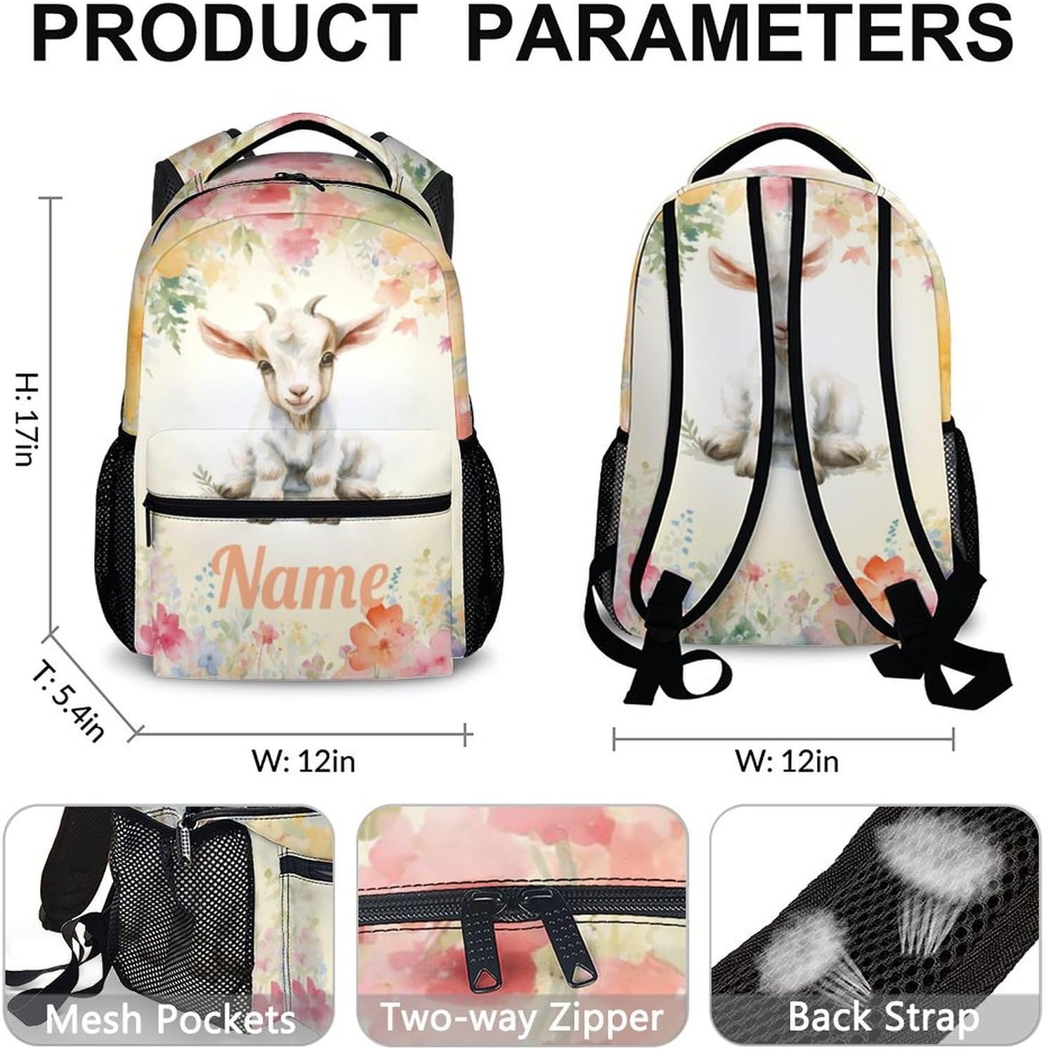 Goat Toddler Backpack, Custom Kids Backpack, Personalized Goat Backpacks for Girls 3-10, Preschool Elementary Kindergarten Schoolbag, 17 Inch Cute Bookbags for School Travel Camp