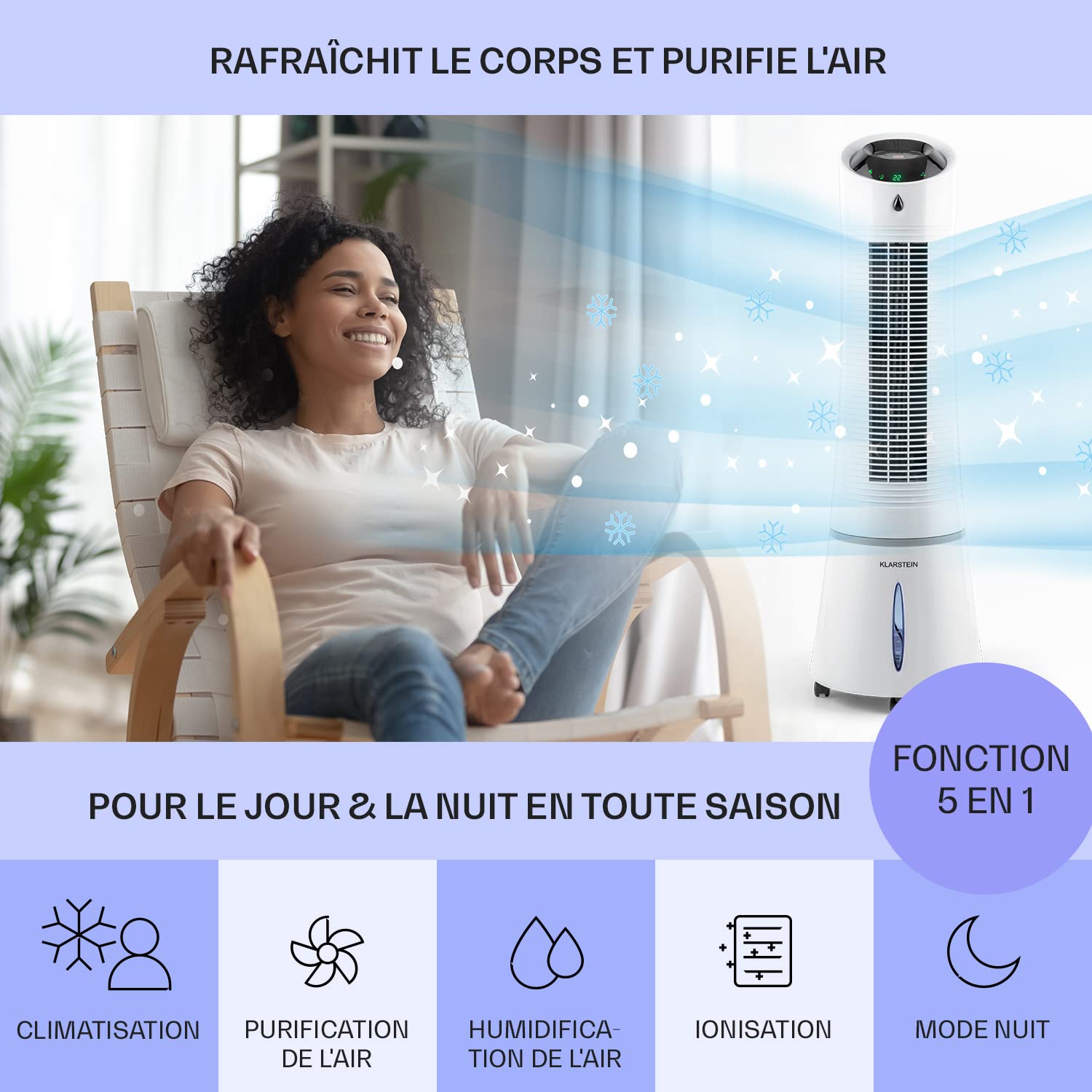 Klarstein Rafraichisseur d'Air Mobile 5 en 1 par Evaporation avec Humidificateur, Ventilateur, Ioniseur, Sans Évacuation, Mode Nuit, 45W, Débit d'Air de 180m³/h