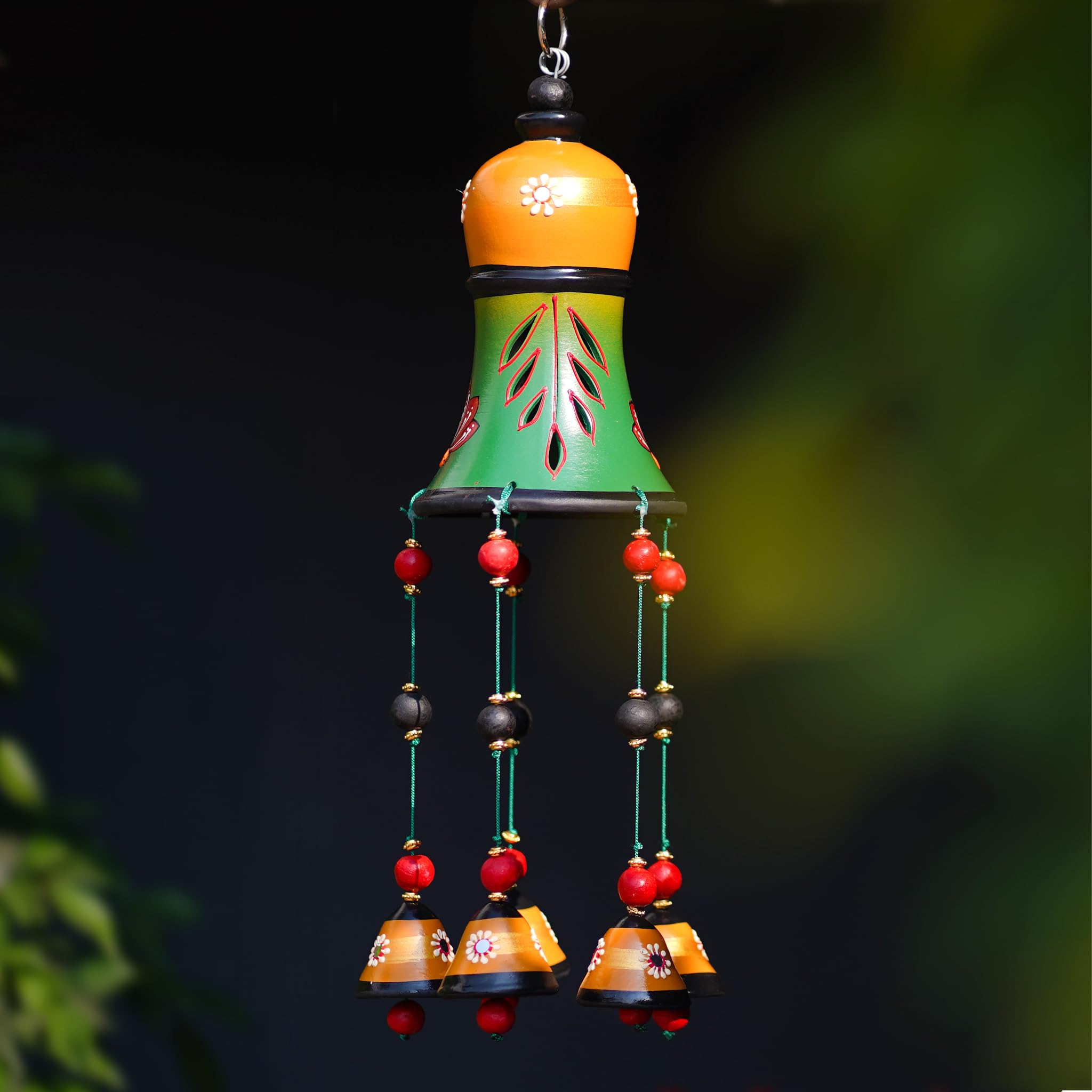 Shabana Art Potteries Handmade Terracotta Wind Chime with Hand Painted Floral Design, Beads and Bells, Earthenware-image-16