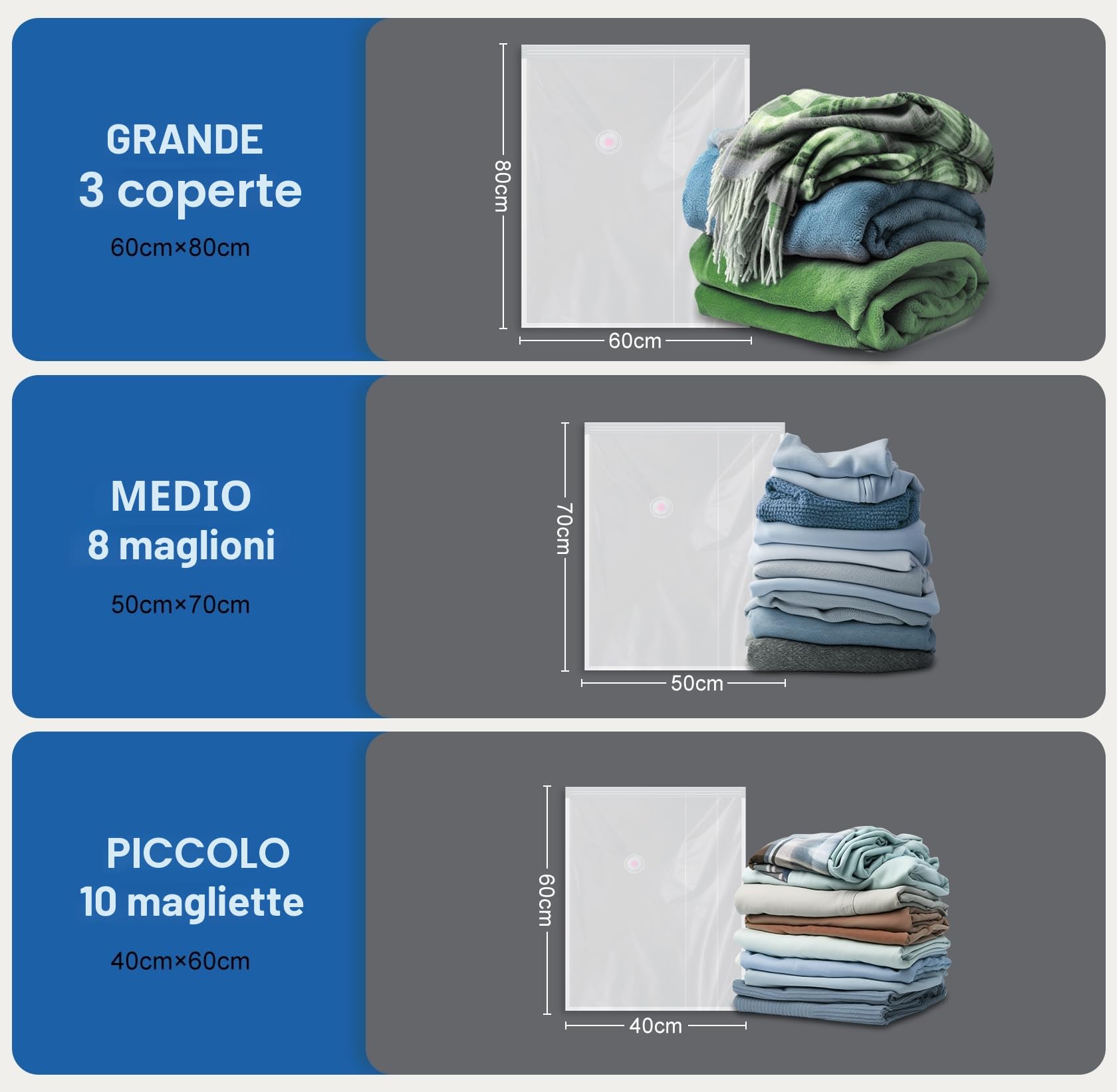 Sacchetti Sottovuoto Vestiti con Pompa Elettrica, Confezione da 8 (4 grandi, 2 medi, 2 piccoli), Buste Sottovuoto Vestiti per Coperte, Piumino, Cuscini, Trapunte, Viaggi, Traslochi