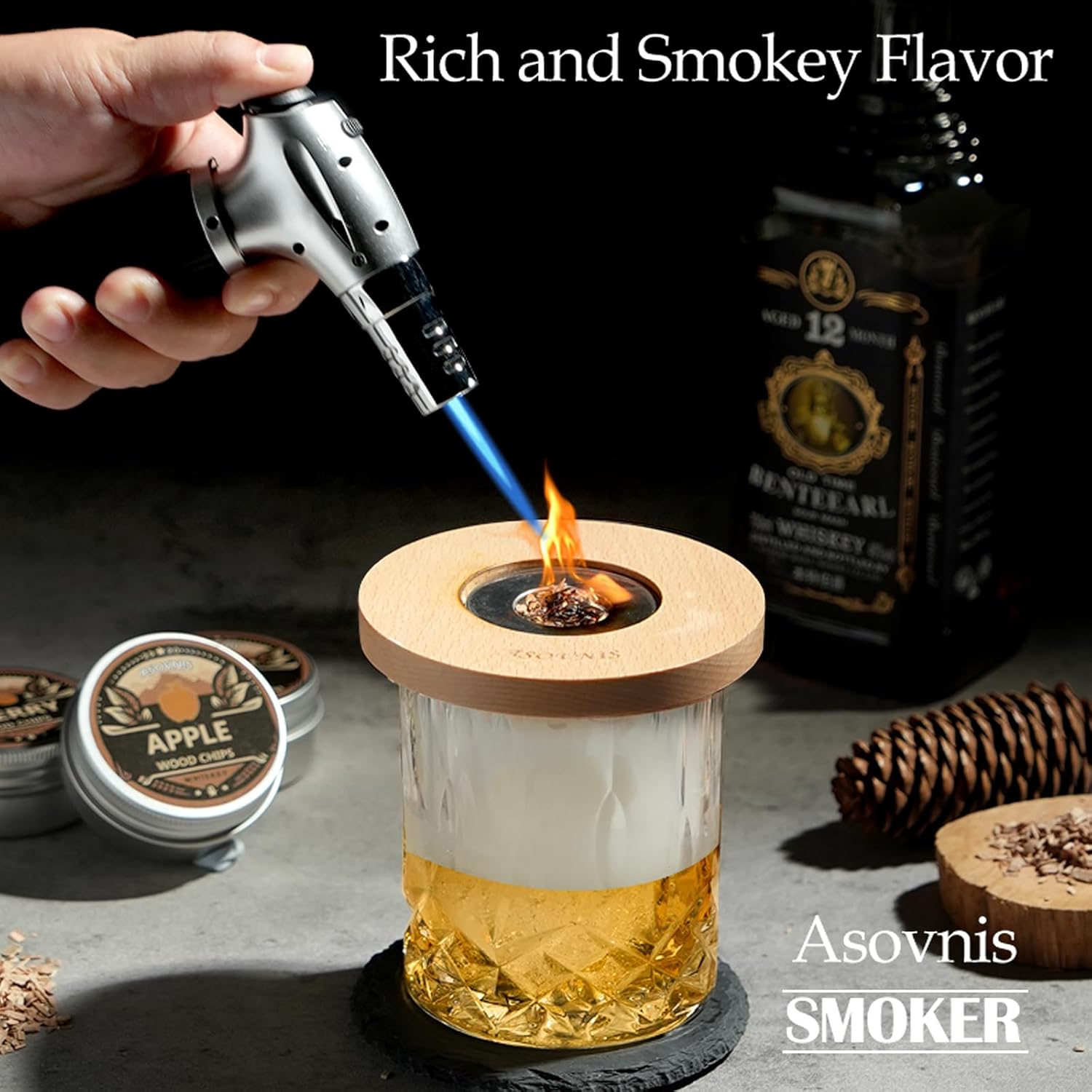 Whiskey Smoker Kit with Torch - 6 Flavors Wood Chips, 2 Glasses, Cocktail Smoker Infuser Kit, Old Fashioned Drink Smoker Kit, Birthday Valentine's Day Bourbon Whiskey Gifts for Men, Dad(No Butane)