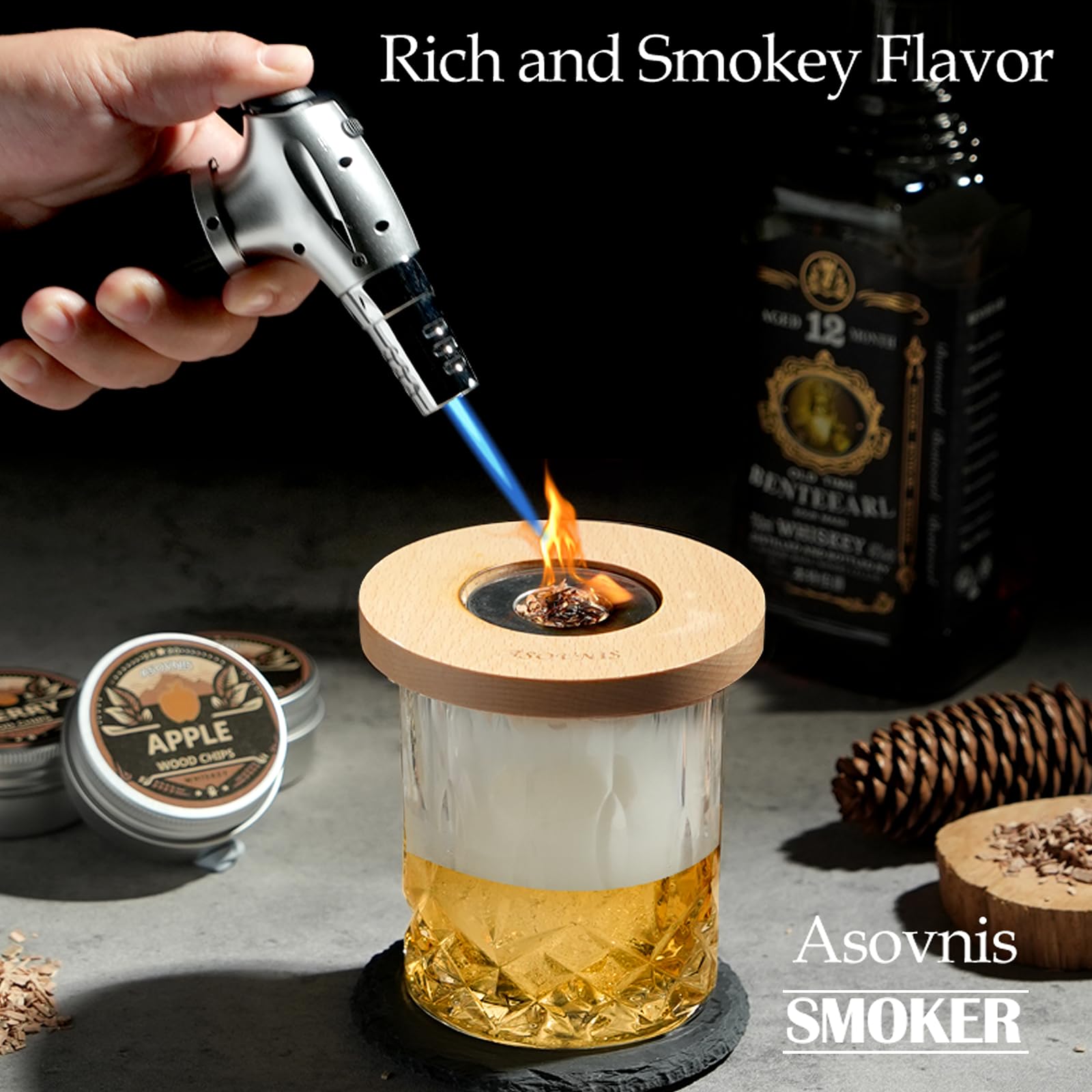 Kit affumicatore per whisky con torcia, 6 sapori di trucioli di legno, 2 bicchieri, 6 pietre, kit infusore per cocktail, bevanda vecchio stile, regalo di compleanno per uomini, papà (senza butano