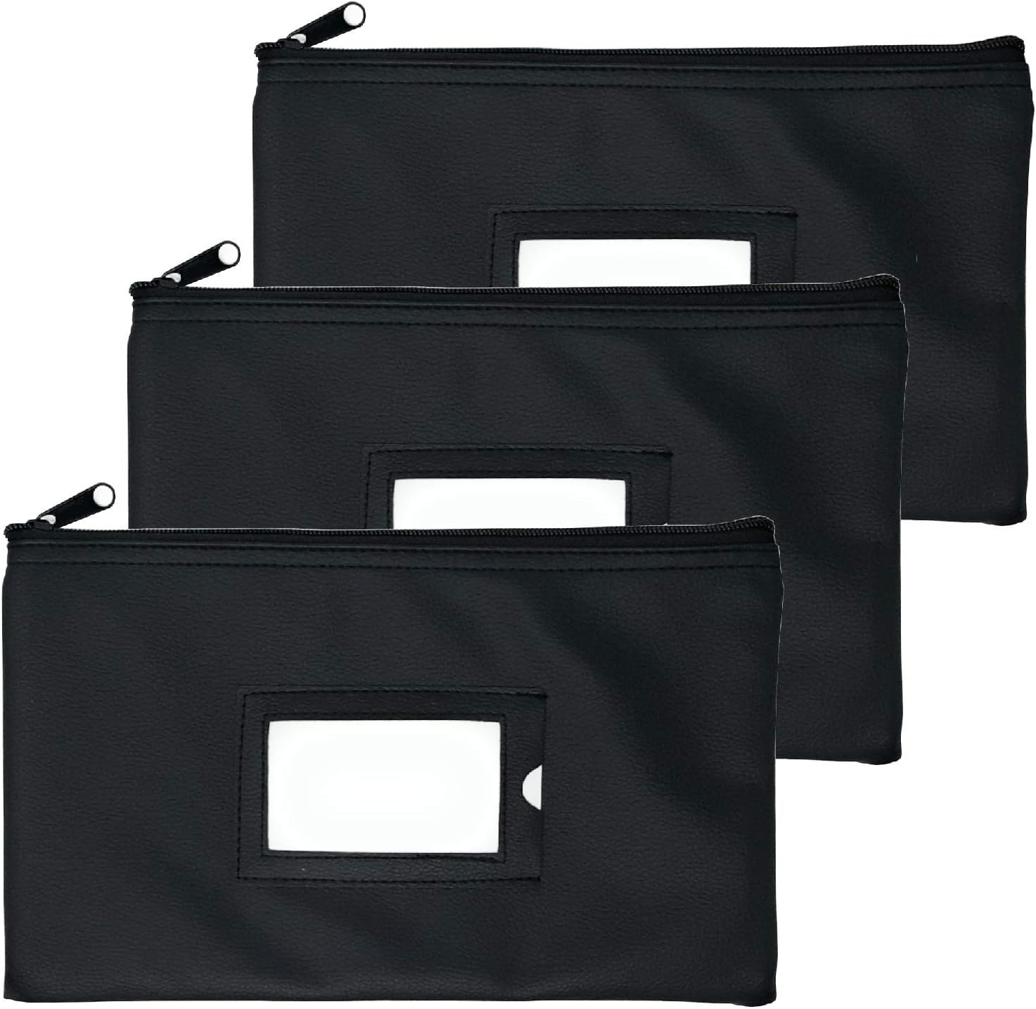 Money Bank Deposit Bag with zipper | 11x6 inch | Black | Durable Leatherette Money Cash Coin Check Wallet Pouch for Men & Women with Framed ID Window and Blank Card (3)