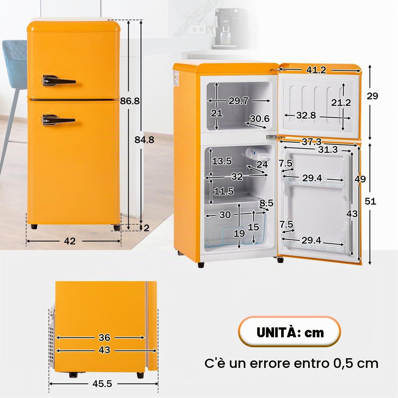Sweiko Frigorifero d'epoca. Combinato congelatore con illuminazione a LED,doppia porta, volume totale 60 litri, volume congelatore 22 litri[classe di efficienza energetica F] (Antique Yellow)