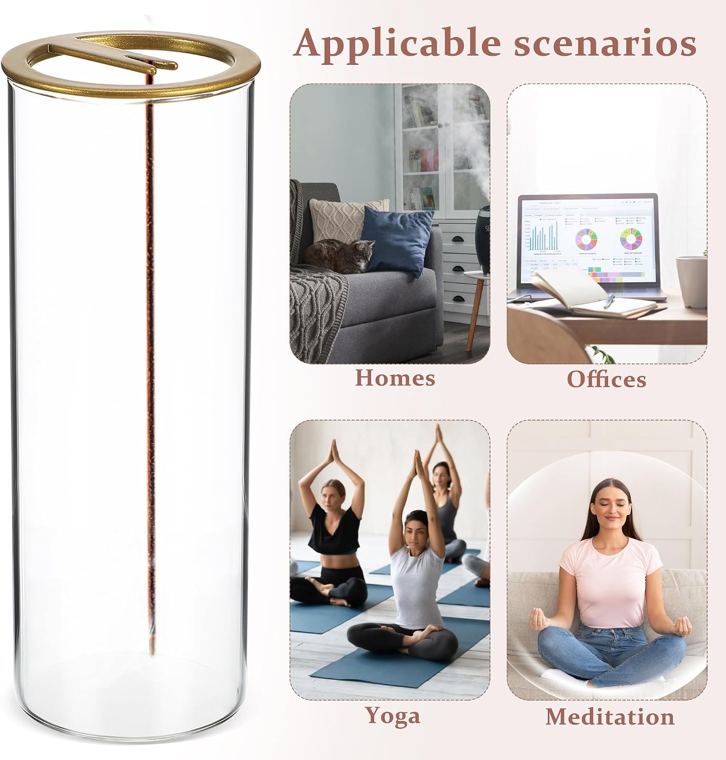 FRCOLOR 2 Pcs Reverse Incense Stick Holder Set with High Borosilicate Glass and Carbon Steel, Gold Round Frame Incense Burner Stand for Yoga, Spa, and Home Fragrance Decor