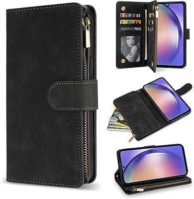 ZZXX Samsung Galaxy A54 5G Wallet Case with RFID Blocking Card Slot PU Leather Zipper Flip Folio with Strap Kickstand Protective Cover for Samsung Galaxy A54 Phone Case Wallet(Black-6.5 inch)