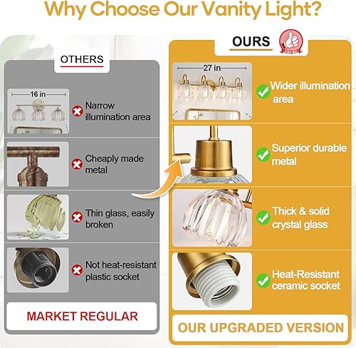 Miniatura 4 de Lámparas de baño de 4 luces, luces de tocador de 27 pulgadas de oro cepillado para baño con pantalla de tulipán transparente acanalado, accesorios