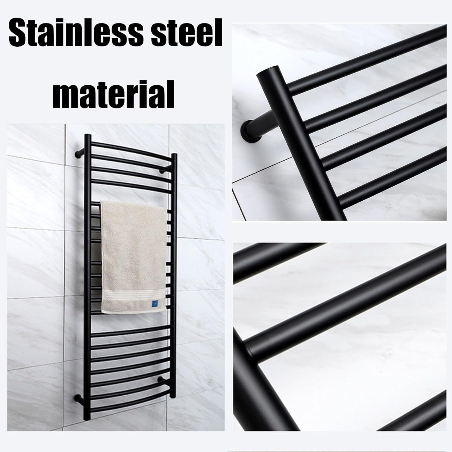 Towel Warmer Black,Plug in Right,Wall Mounted Heated Towel Rack for Oversized Towels Bathrobes and Blankets,Fast Heating Drying,Stainless Steel-Silver-Plug in Left(Black,Plug in Le