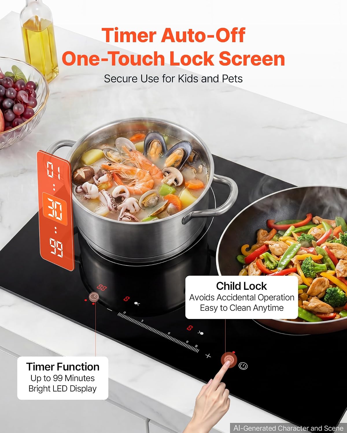 VEVOR Induction Cooktop 24inch 2 Burners Built-in Electric Stove 110V | 1800W, Low-Power Continuous Heating, Induction Burner, with 9 Power Levels, LED Touch Screen, and Child Lock, RV