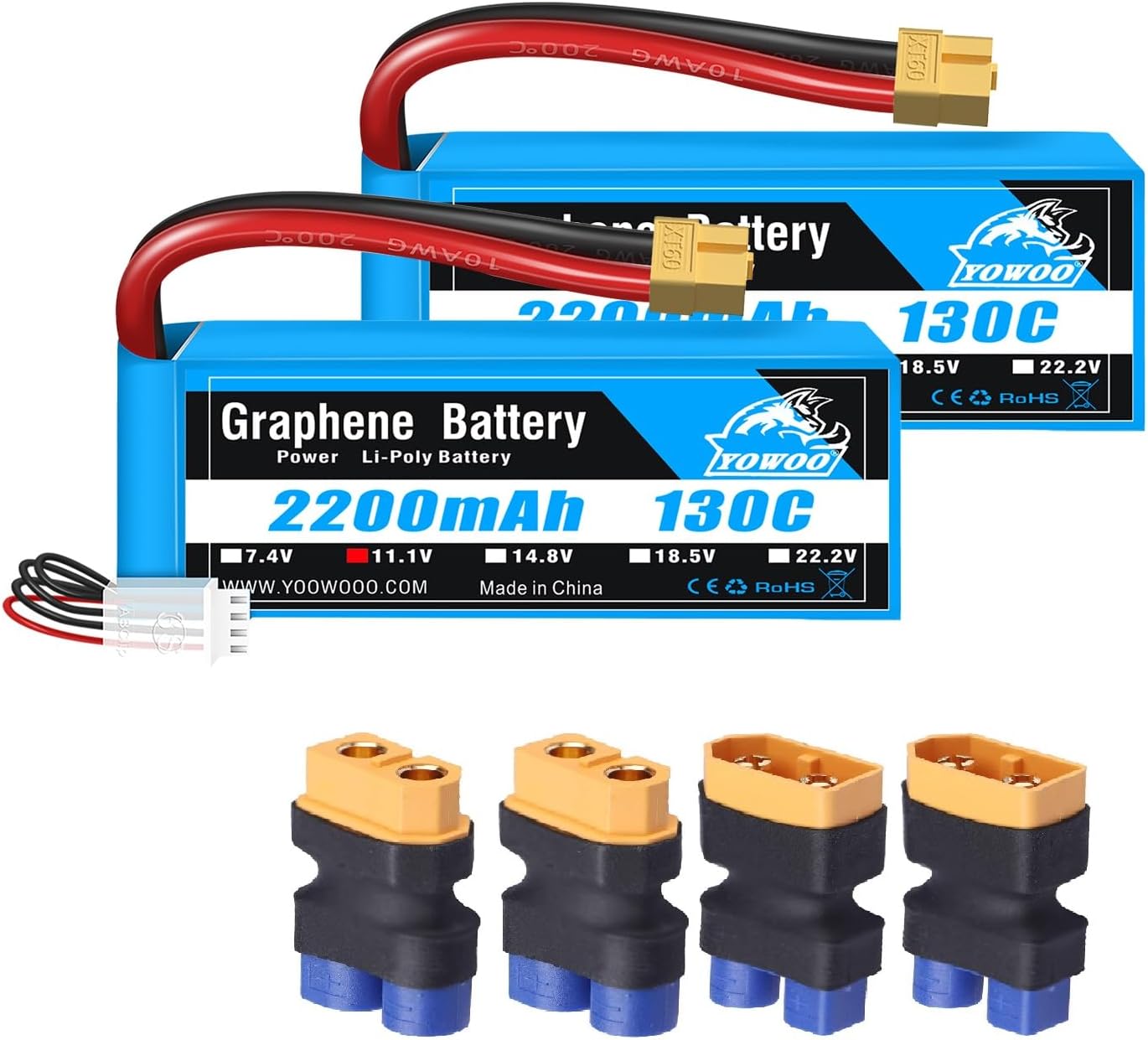 Yowoo 3S Lipo Battery 2200mAh 11.1V 130C Graphene Battery with XT60 Plug + 2 Pairs XT60 to EC3 Style Male Female Connector Adapter for FPV Racing Drone Quadcopter Helicopter Airplane RC Boat Car Model