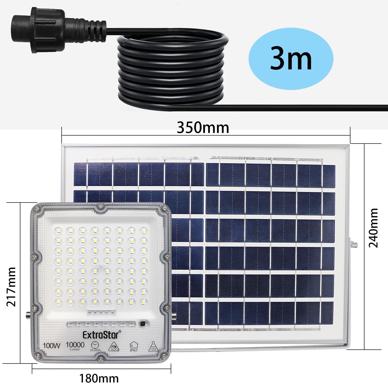 EXTRASTAR Foco Proyector LED Solar 100W con Mando a Distancia, Luz Blanca Fría 6500K, 10000Lm, Resistente al Agua IP67, para Exterior, Jardín, Patio, 1Pc