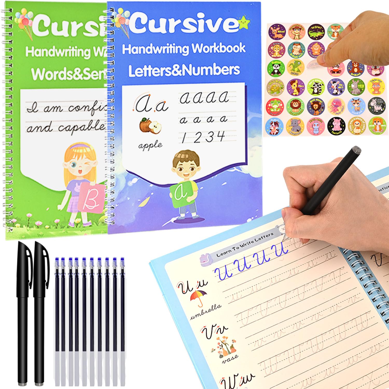 2 Pack Grooved Cursive Handwriting Workbook, Magic Reusable Grooved Handwriting Practice with Disappearing Ink Pens Cursive Writing Practice Book for
