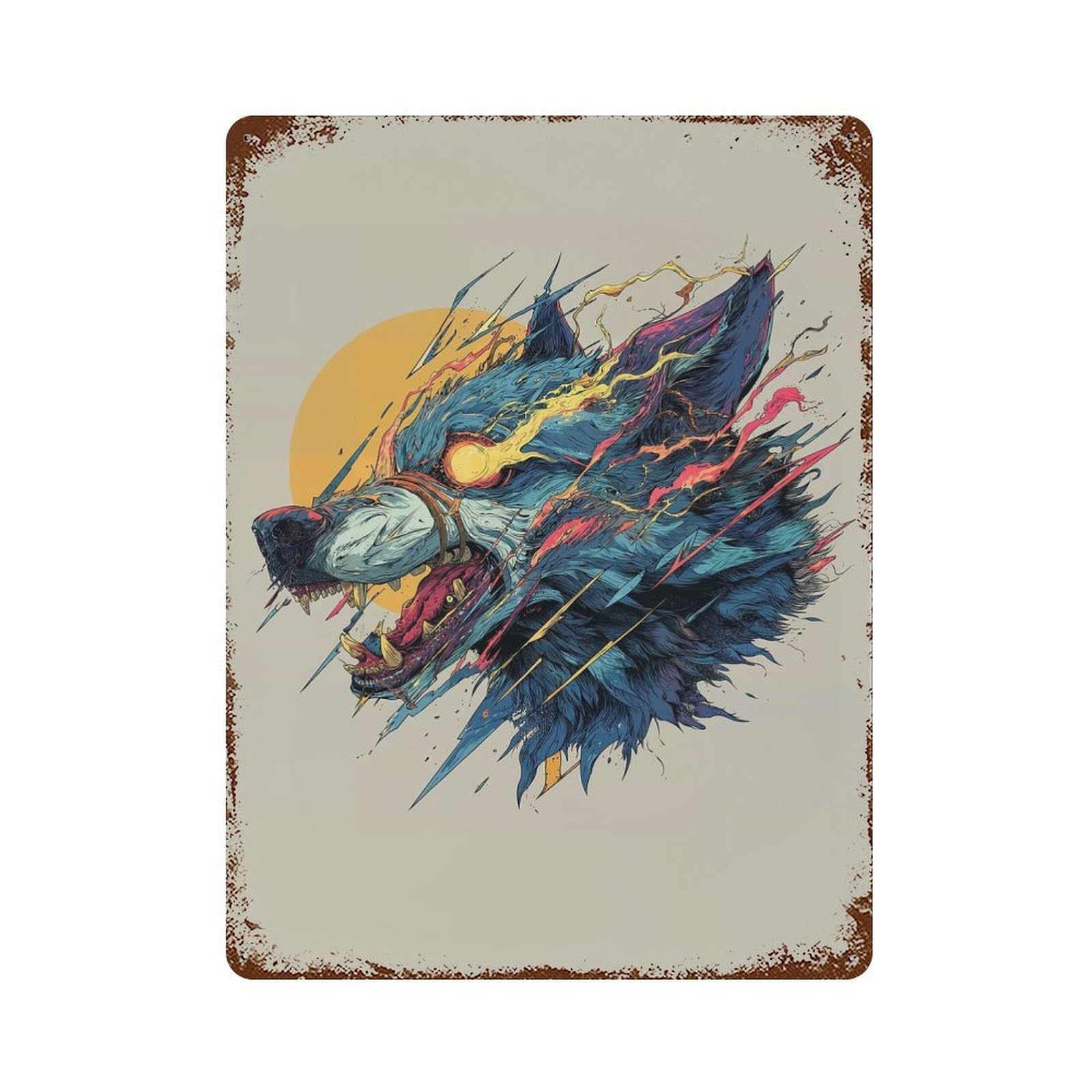 Glitching Wolf Rust Effect Tin Sign 15.7"x11.8", Novelty Wall Decor for Garage, Pub Or Kitchen