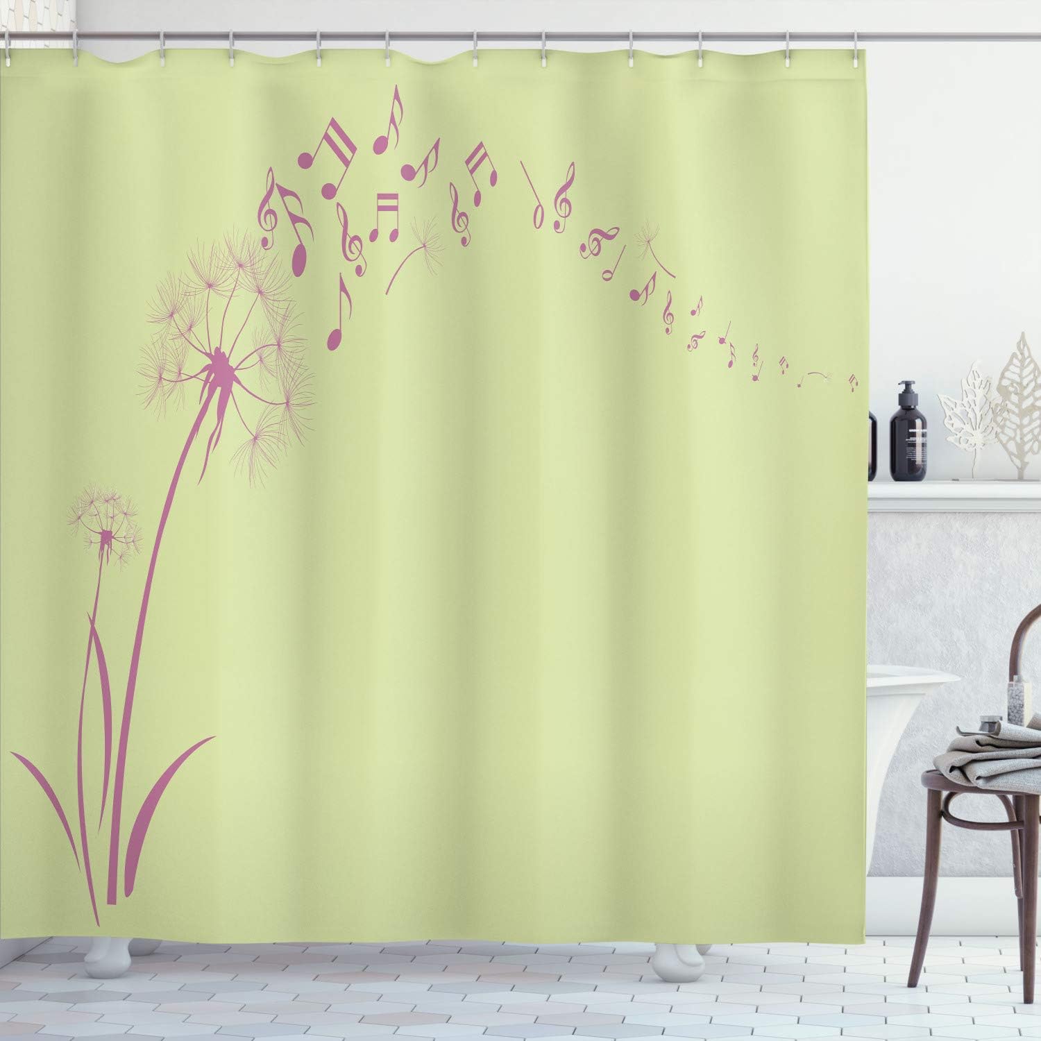 Ambesonne Music Shower Curtain, Flying Dandelions Notes Summer Spring Meadow Silhouette Softness Simple Print, Cloth Fabric Bathroom Decor Set with Hooks, 75" Long, Pale Fuchsia