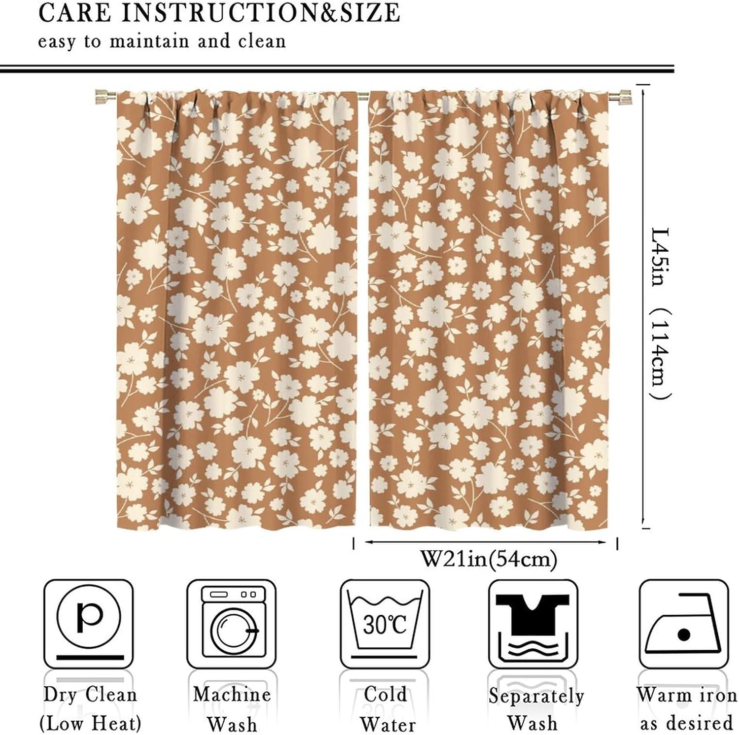 Vintage Rustic Floral Curtains, Mid Century Boho Yellow Brown Tone Plant Seamless Pattern, Blackout Thermal Insulation Rod Pocket Window Treatments for Living Room Bedroom Kitchen Bathroom 42x45 Inch