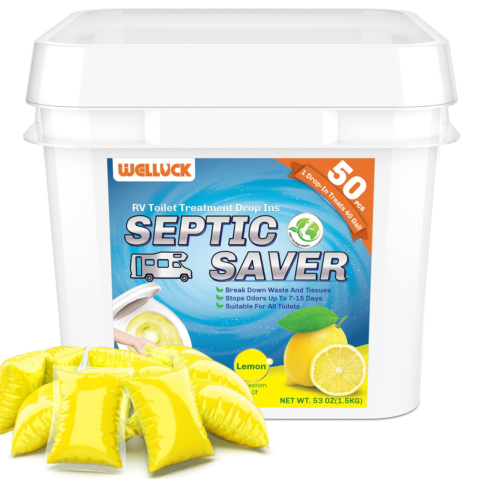 WELLUCK RV Toilet Treatment Drop-Ins, 50 Pack - 50 Week Supply Black Tank Deodorizer | Breaks Down Waste &amp; Tissue | Septic Safe Treatment for RV, Camper, Marine Toilet | Lemon Scents
