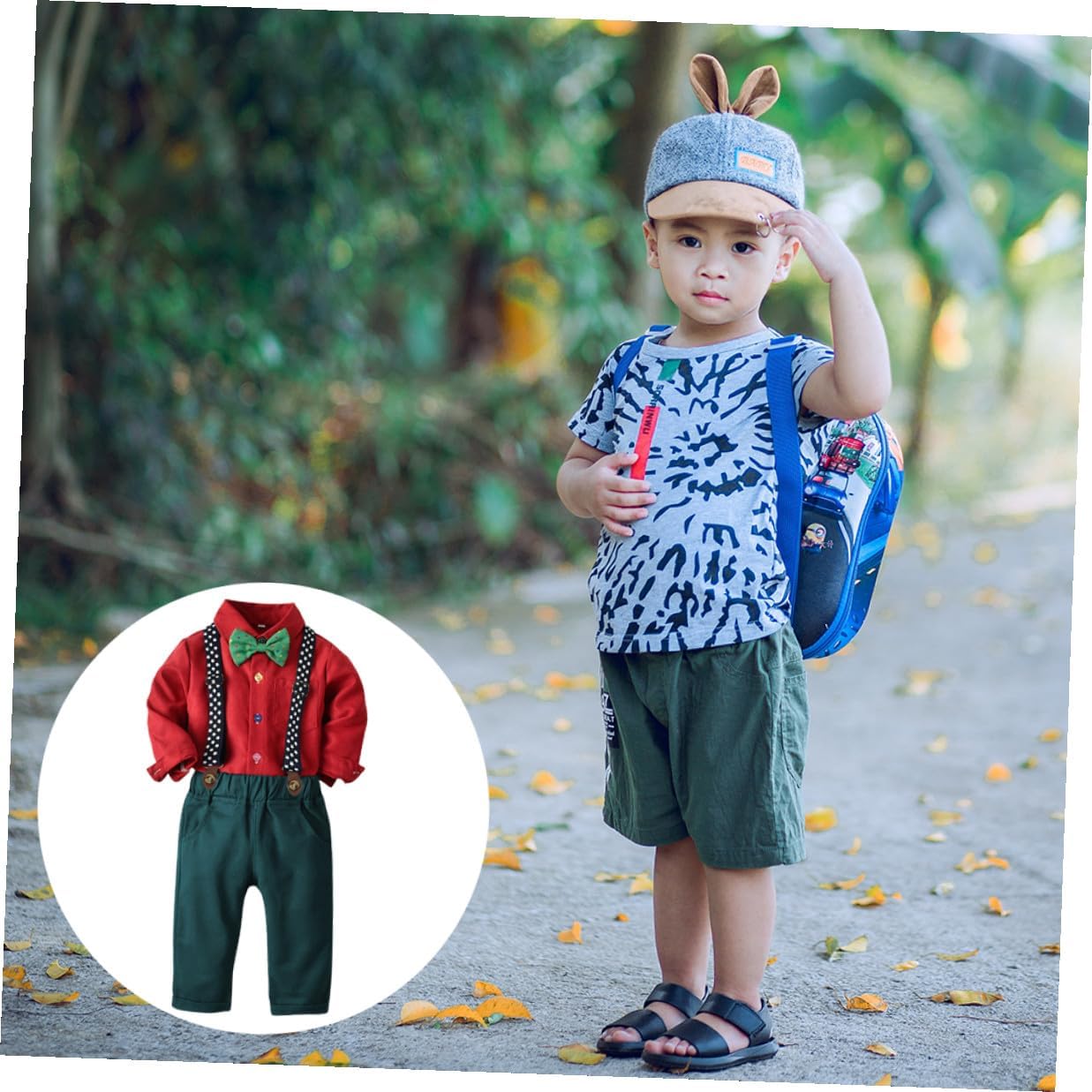 TOYANDONA ’s Christmas Suspender Trouser Set with Long-sleeved Bow Tie Shirt for Boys, Red Cotton Festival Outfit, Height 100cm, Formal Clothing Set
