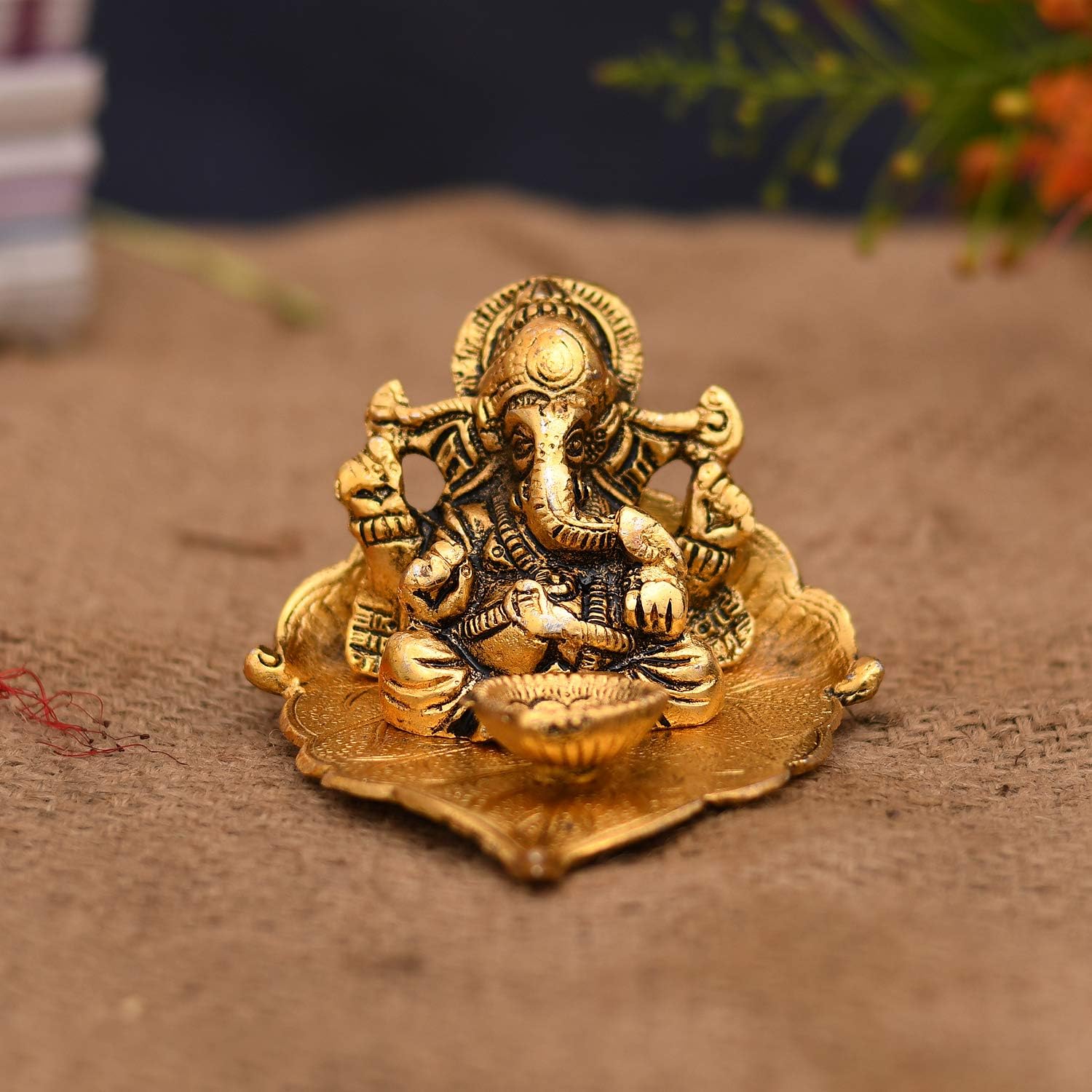 Collectible India Ganesh Idol on Leaf - Lord Ganesha with Diya - Metal Hand Craved for Home Decorative Gift Puja Gift