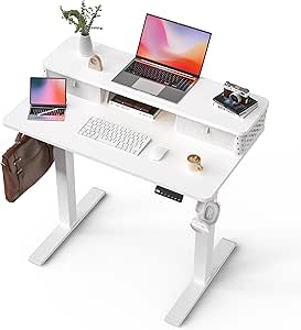 FiCiHi 35x20 Inch Standing Desk with Drawers, C-Clamp Mount Compatible, Electric Adjustable Height Computer Small Stand Up Desks, Home Office Sit Stand Table with 3 Preset Heights, White