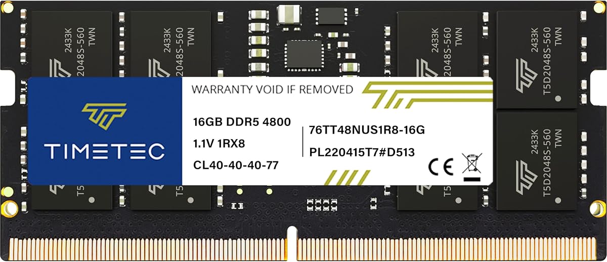 Timetec 16GB DDR5 4800MHz PC5-38400 Unbuffered Non-ECC 1.1V CL40 1Rx8 Single Rank 262Pin SODIMM Laptop Memory RAM Module Upgrade (16GB)