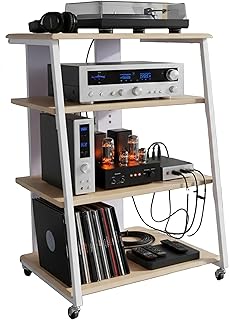 Relaxdays Hifi Rack, 4 Ebenen, für Plattenspieler, Stereoanlage, Eisen & MDF, 78x61x52 cm, Multimediaregal, natur/weiß