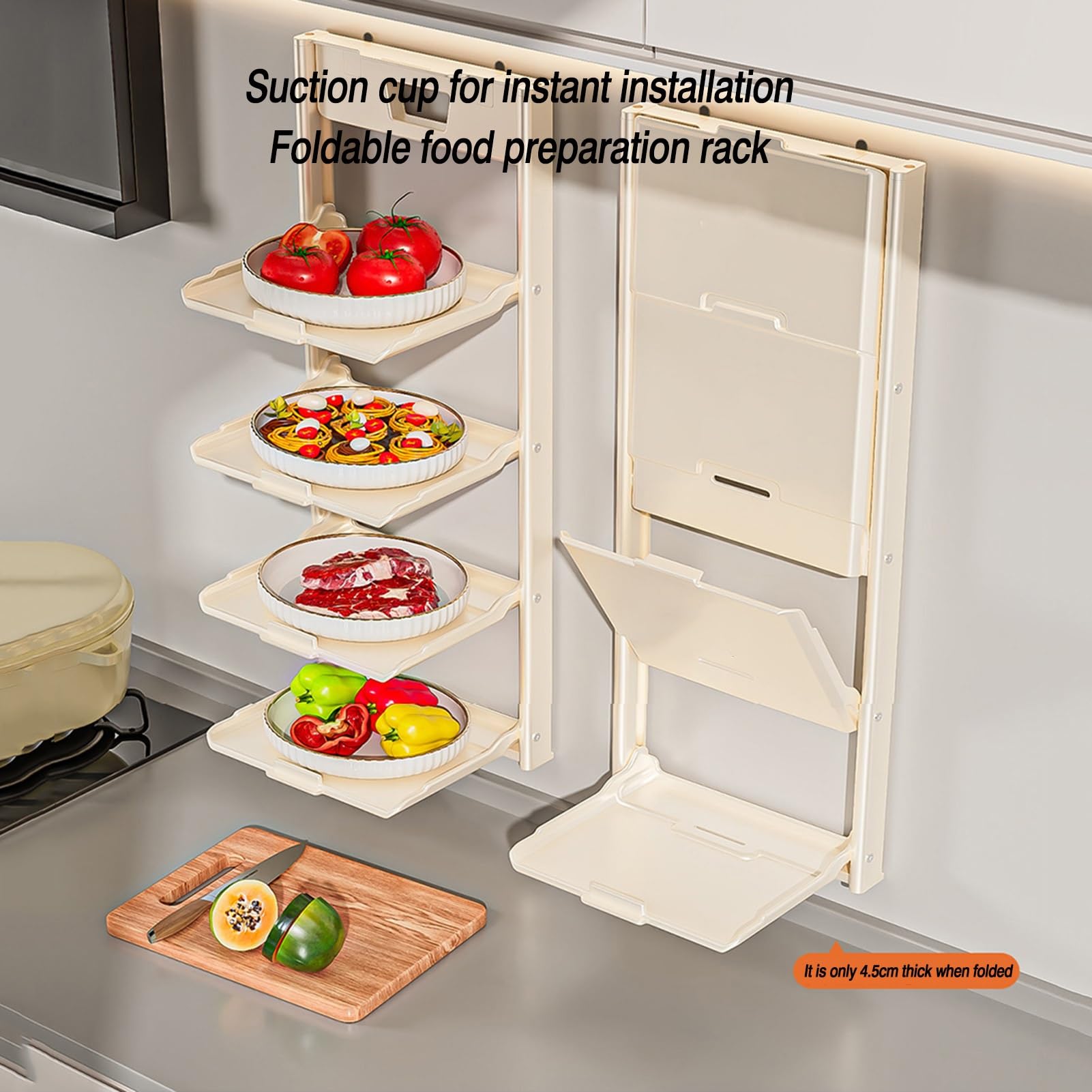 Genérico Estante plegable for platos, estante de almacenamiento de alimentos con ventosa, adecuado for cocina, olla caliente y preparación de alimentos(White,Third floor 47.5cm)