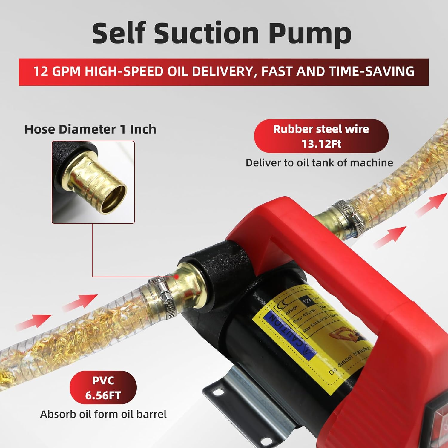 12V Fuel Transfer Pump, 12GPM Diesel Transfer Pump Kit, Self Priming DC Electric Fuel Transfer Pump With Nozzle Hose, Suitable For Diesel, Kerosene, Transformer Oil