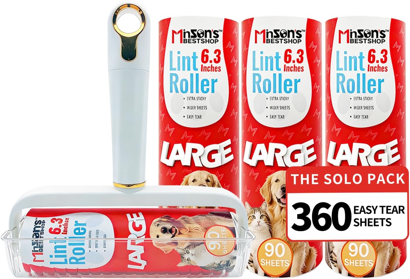 Minson’s BestShop Extra Sticky Lint Roller, 6.3” Extra Wide, 360 Sheets for Pet Hair Removal, The Solo Pack with 1 Ready to Use Handle & 3 Refills, Dog and Cat Lint Remover