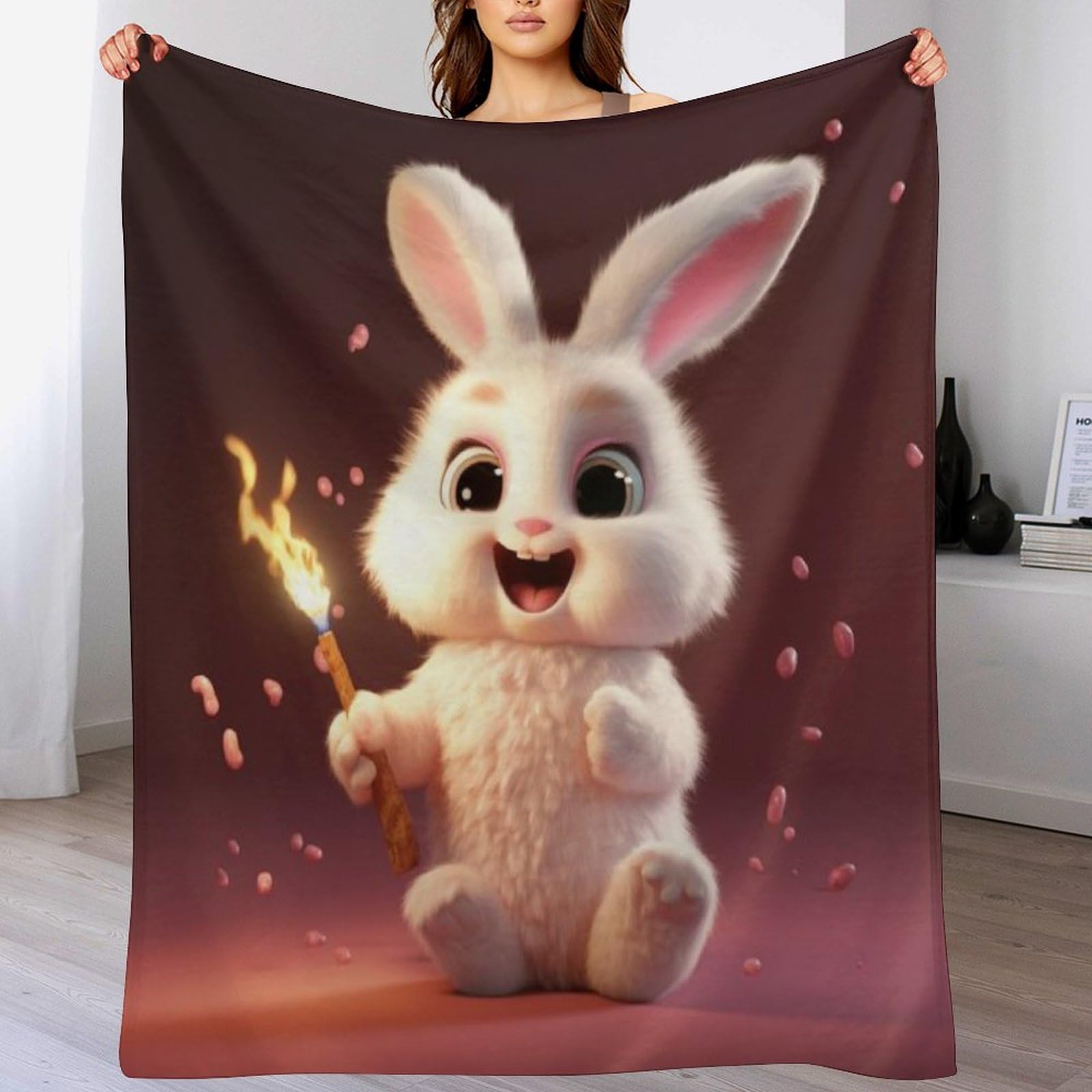 Couverture polaire lapin 130x180 cm - Plaid en flanelle douce pour lit et canapé