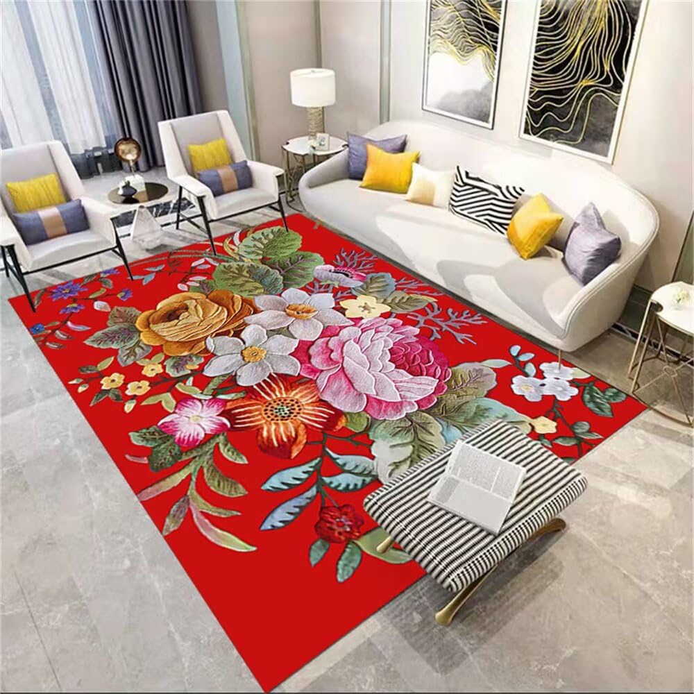 Tapis de chambre bébé fille rouge et multicolore 90x120 floral pour sol chaleureux