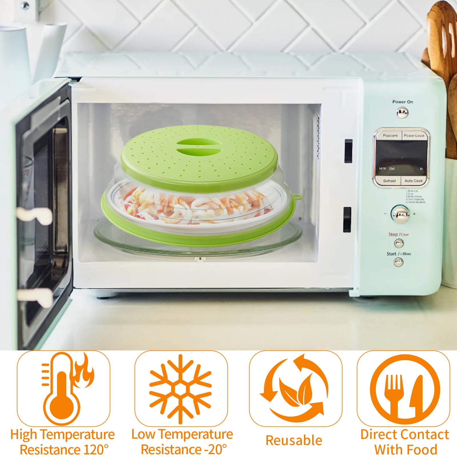 2Pcs Copertura Riscaldamento Antischizzi Microonde Pieghevole 26.5cm con Fori Vapore, Cesto Filtro Plastica con Ganci per Lavare Frutta Verdura Alimenti,Coprivivande Antispruzzo con Manico(Gris+Verde)